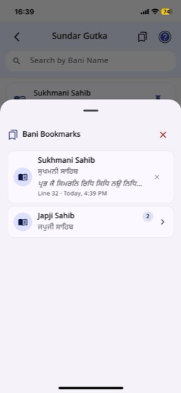 Bookmarks sheet showing a saved line from Sukhmani Sahib at line 32 and two bookmarks in Japji Sahib