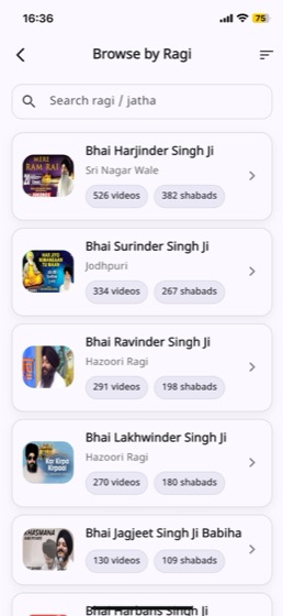 Browse by Ragi screen listing Bhai Harjinder Singh Ji Sri Nagar Wale with 526 videos, Bhai Surinder Singh Ji Jodhpuri with 334 videos and other Ragis