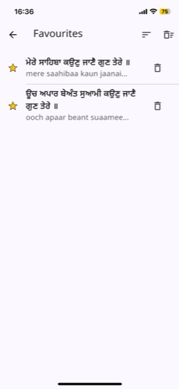 Favourites screen listing saved Gurbani lines in Gurmukhi with English transliteration