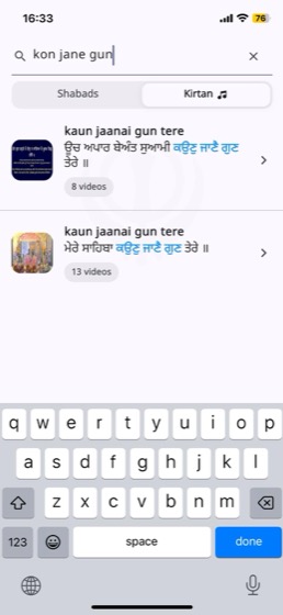 Kirtan tab showing two Shabad groups for the search kon jane gun, one with 8 videos and one with 13 videos