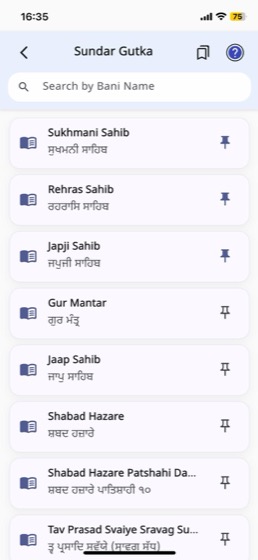 Sundar Gutka screen listing Sukhmani Sahib, Rehras Sahib, Japji Sahib, Gur Mantar, Jaap Sahib and Shabad Hazare with pin icons