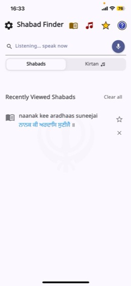 Easy Shabad Finder with voice search active, showing Listening speak now and a highlighted microphone button